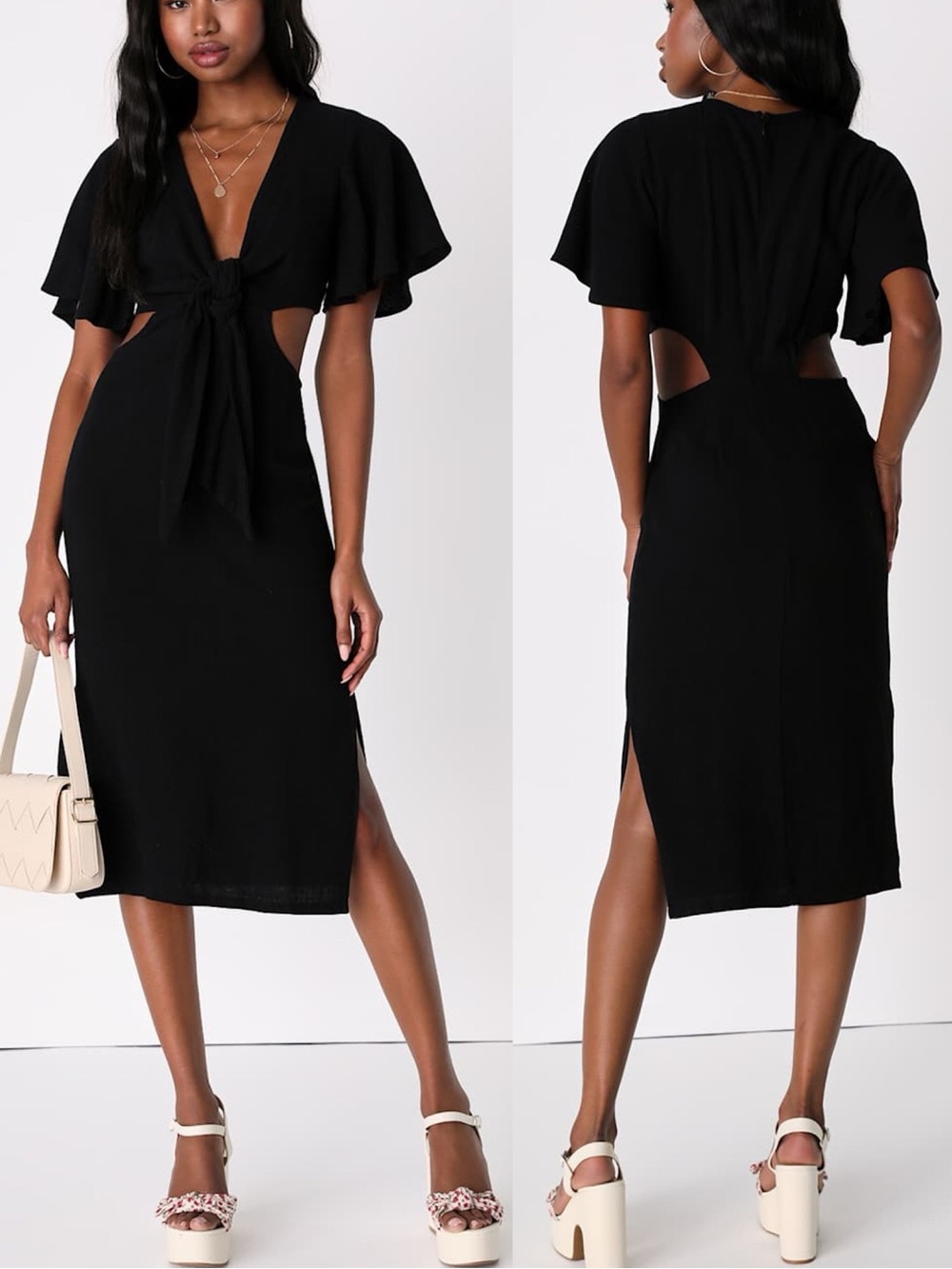 Lulus | Summer Journey Black Tie-Front Cutout Midi Dress